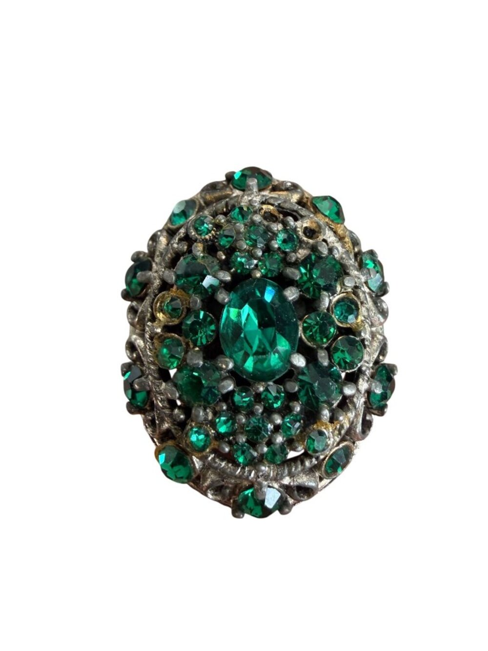 Vintage Statement Signed Hollycraft Adjustable Size Green Rhinestone Ring  READ